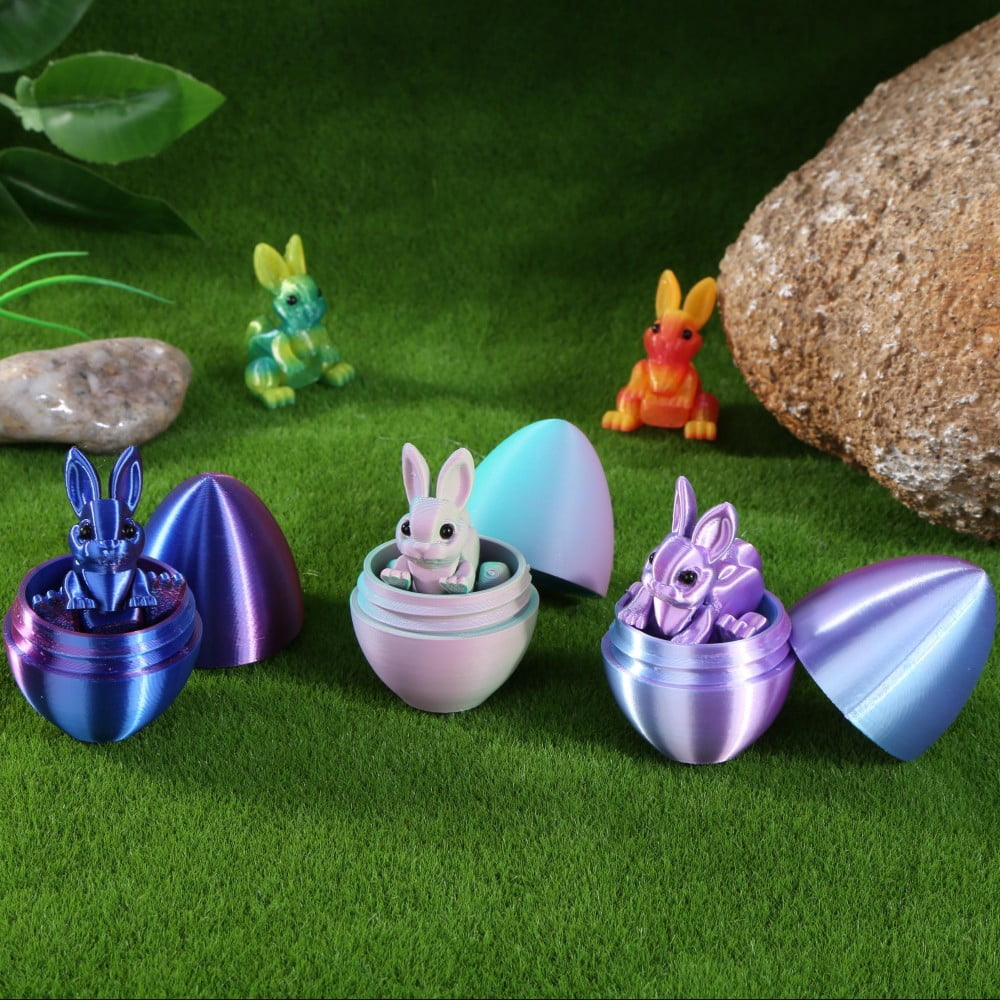 SHUWND 6PCS Set 3D Printed Bunny with Easter Egg, Mini Easter Eggs Fidget Toy 3D Articulated Crystal Bunny Eggs Mystery Egg Easter Basket Stuffers Surprise 3D Printed Animals Toy Set