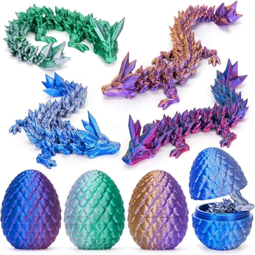 SHUWND 4PCS 3D Printed Dragon 3D Eggs with Dragon Inside, Mini Easter Eggs Fidget Toy 3D Articulated Crystal Dragon Mystery Egg Easter Basket Stuffers Surprise 3D Printed Animals Toy Set